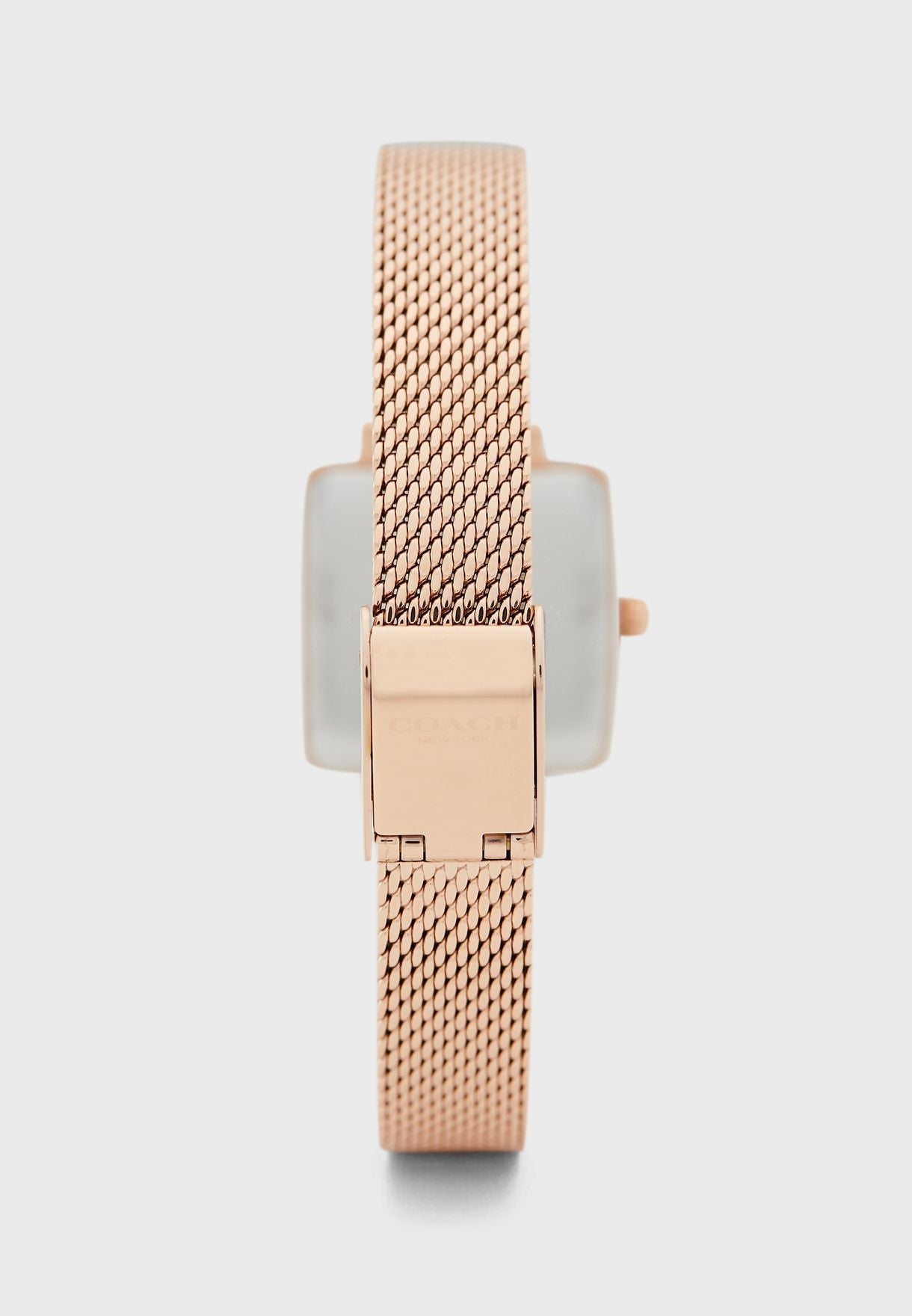 Coach Cass rose gold mesh strap with fold-over clasp on square case