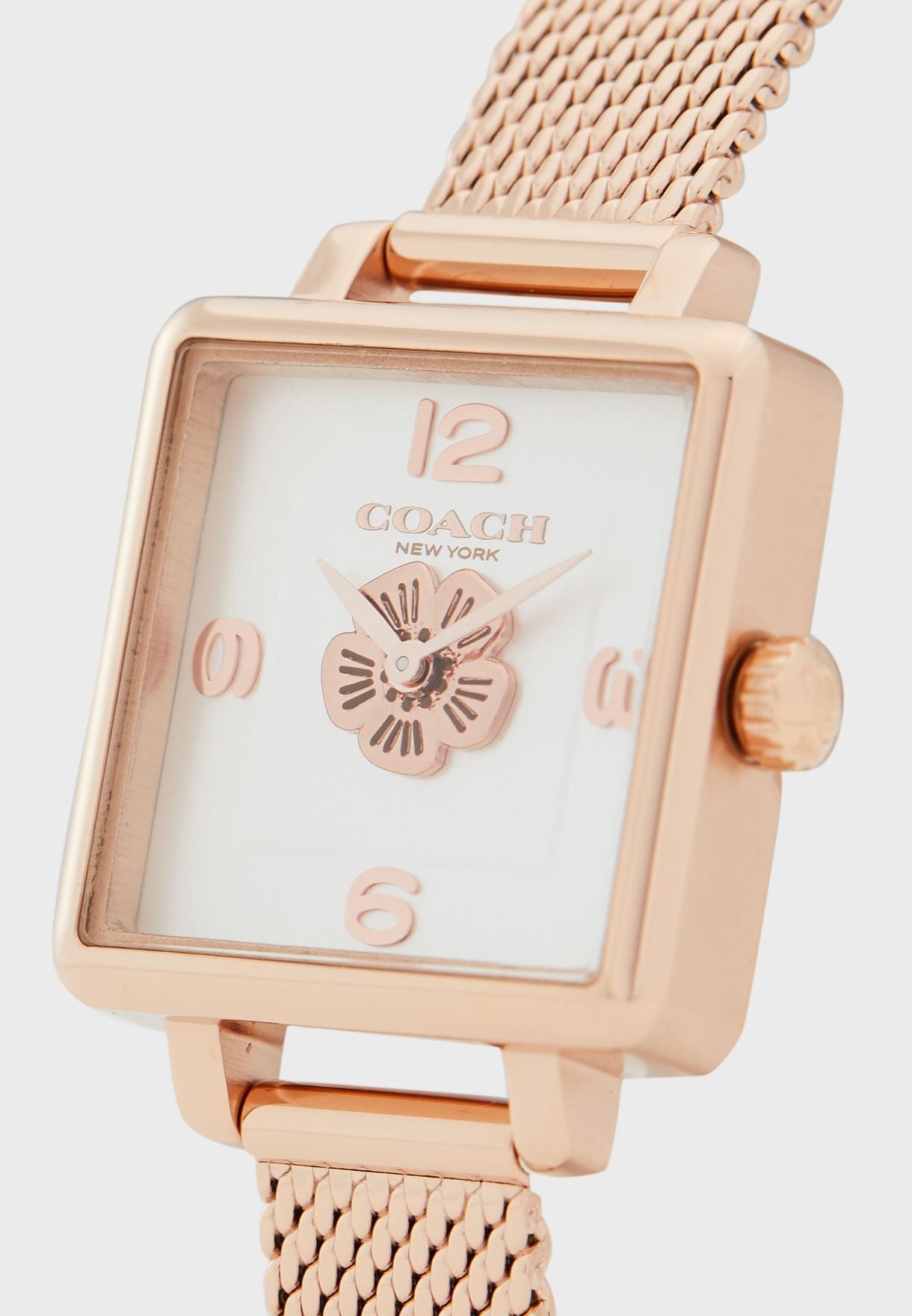 Coach Cass rose gold watch with square case and rose gold mesh bracelet detail