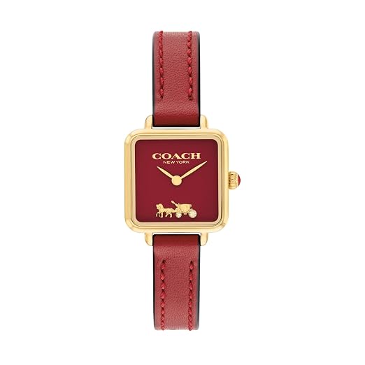 COACH Cass Signature watch with red dial and horse carriage logo, gold case, red leather strap