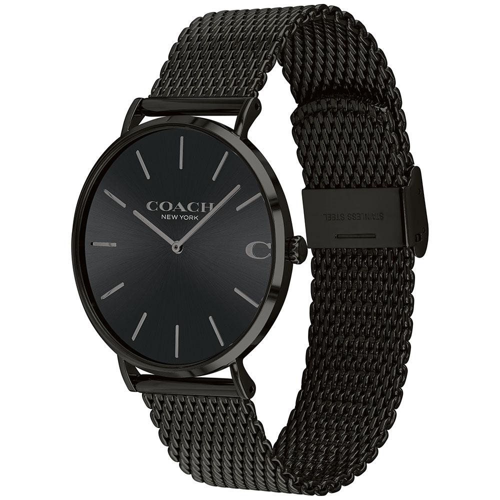 Coach Charles men's watch displayed at angle showing black mesh strap and round case