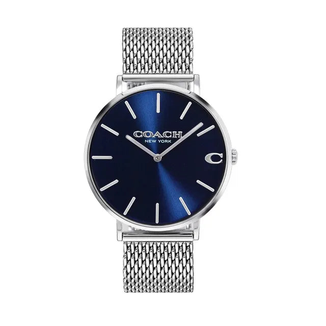 Coach Charles silver stainless steel watch with blue dial and mesh bracelet