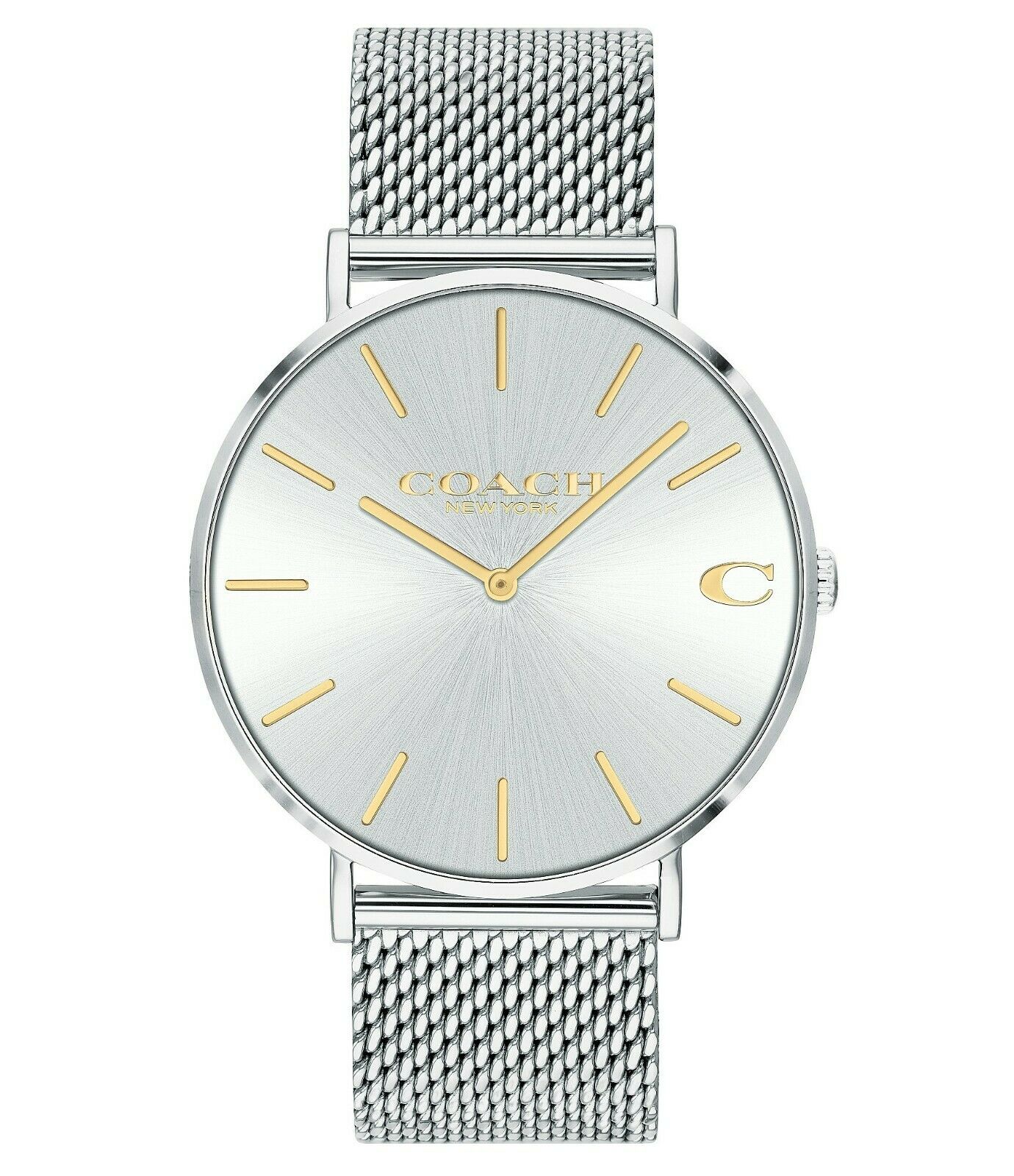 Coach Charles silver stainless steel watch with silver mesh band, white dial, gold-tone markers and hands