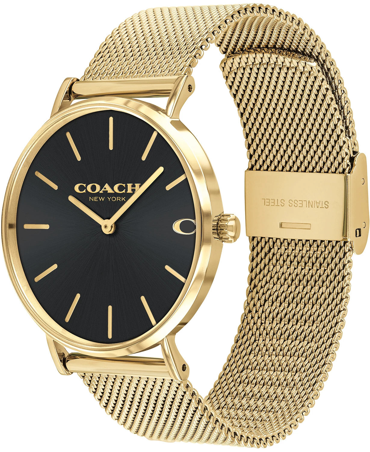 Coach Charles watch from side angle showing gold-tone mesh bracelet and case