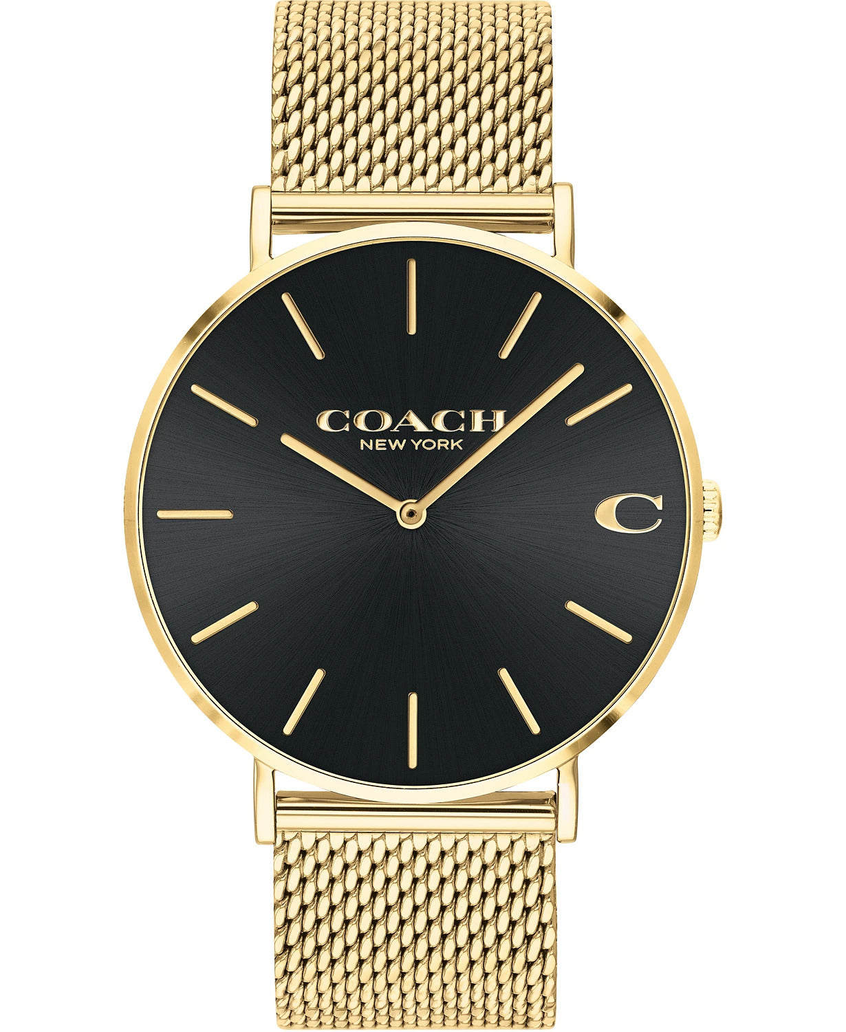 Coach Charles gold-tone mesh bracelet watch with black dial and gold hour markers