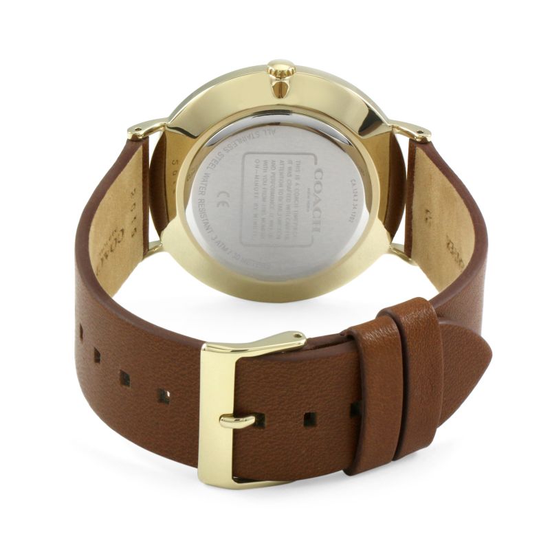Coach Charles watch case back view with brown leather strap