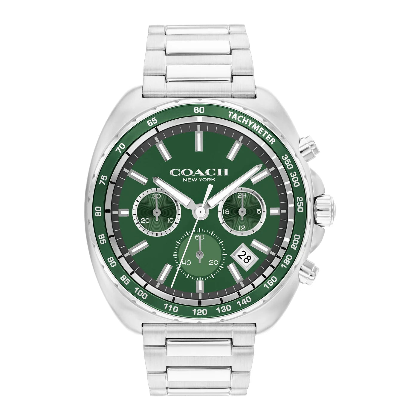 Coach Charter chronograph men's watch with green dial and silver steel bracelet