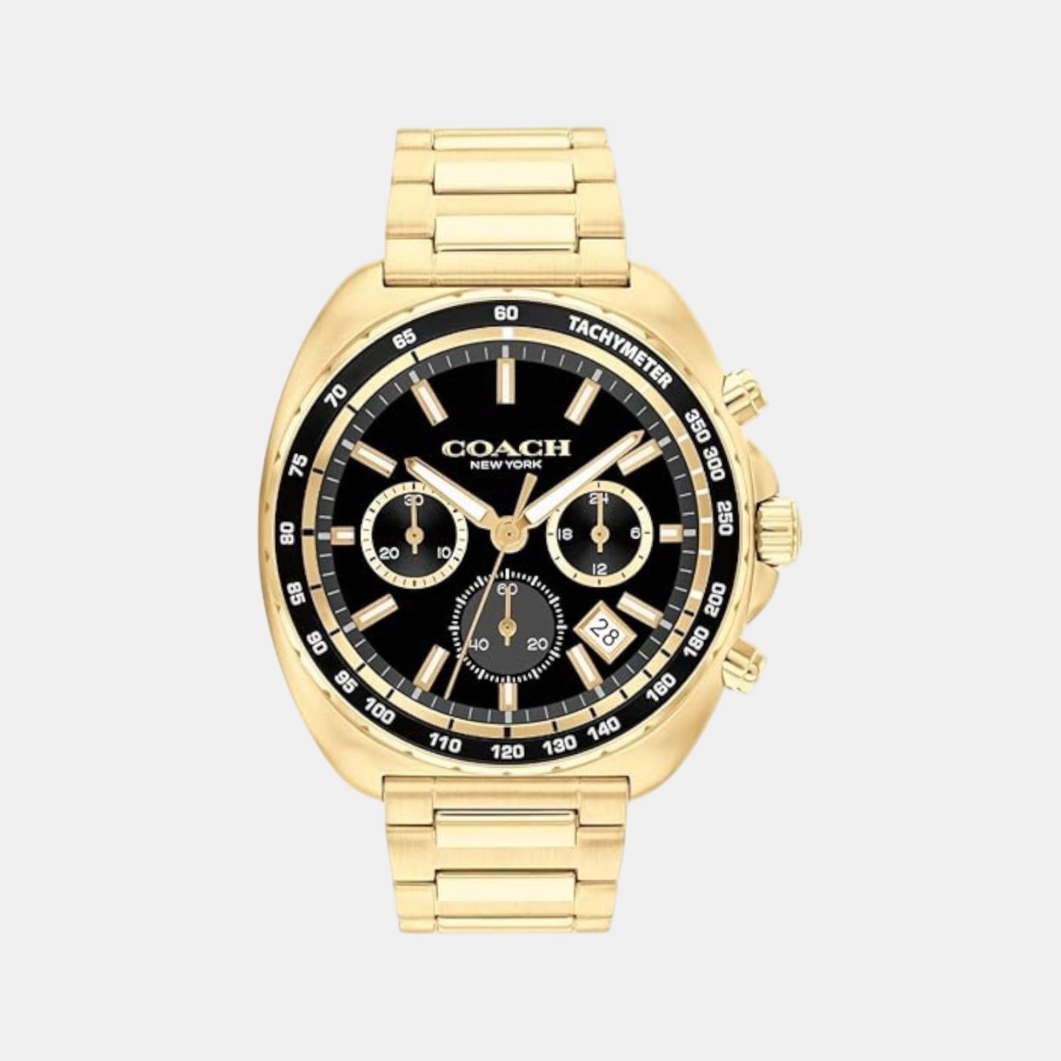 Coach Charter gold-tone chronograph watch with black dial and dual subdials