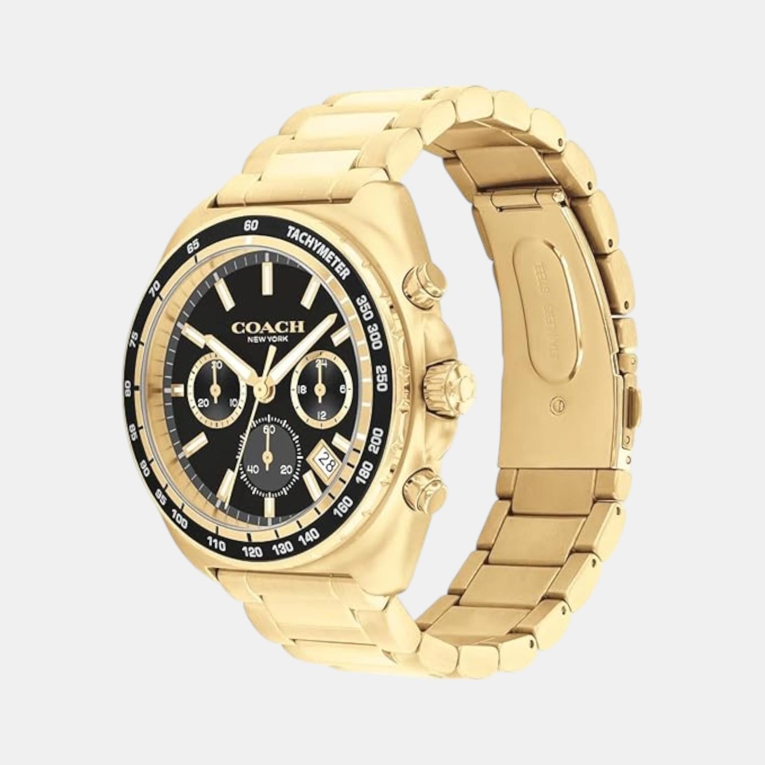 Coach Charter chronograph showing gold IP case and matching gold bracelet from angle