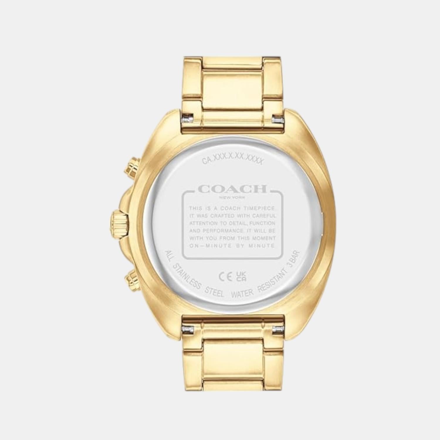 Coach Charter watch caseback with engraved branding and specifications