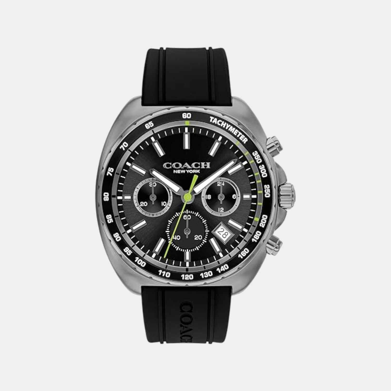 Coach Charter quartz chronograph men's watch with black dial, stainless steel case, and black leather strap