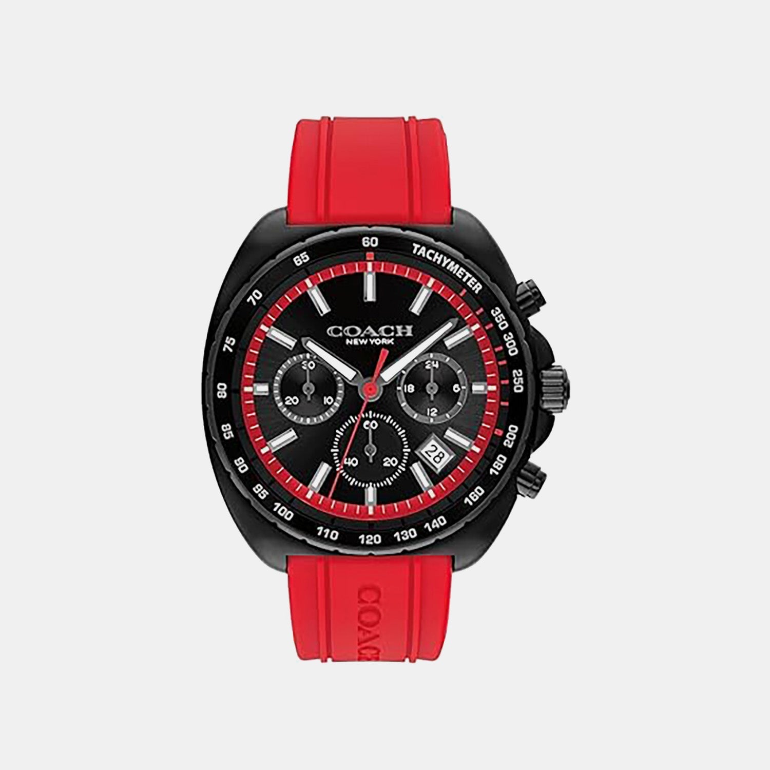Coach Charter automatic watch with black case, red silicone strap, and chronograph dial