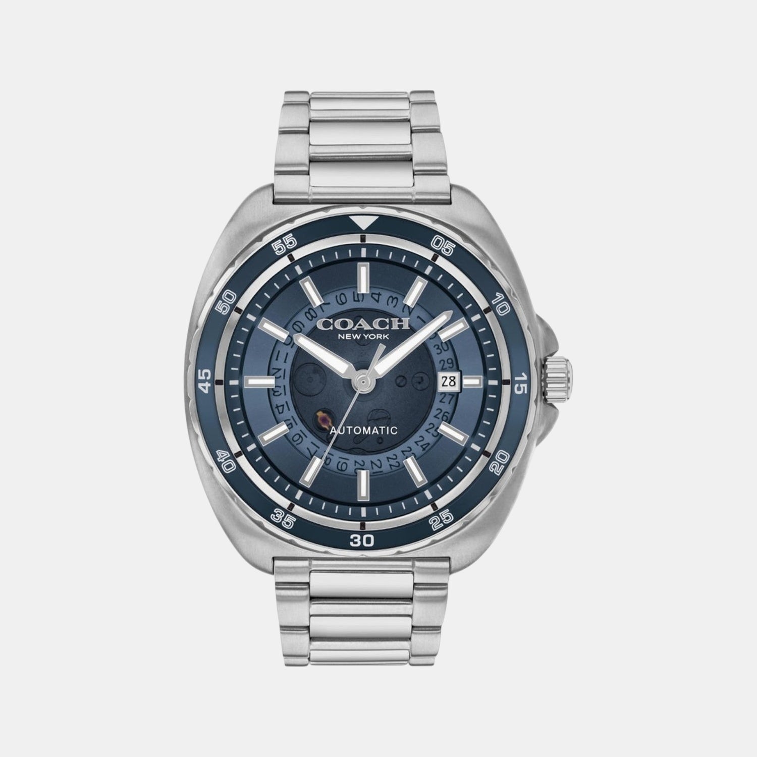 COACH Charter automatic watch with blue dial and stainless steel bracelet, front view