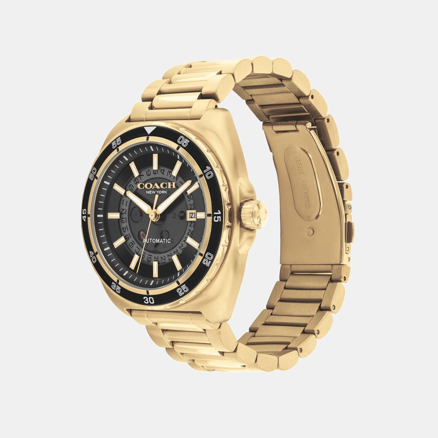 Coach Charter men's watch with gold case and bracelet displayed at angle