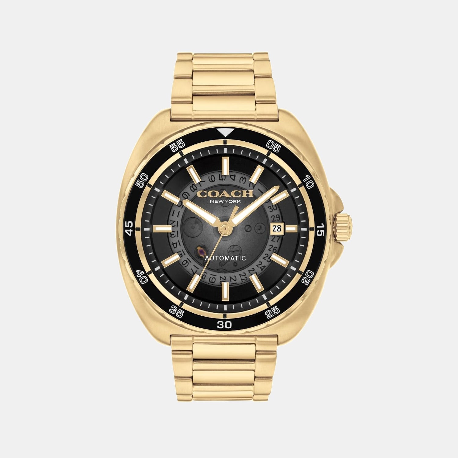 Coach Charter automatic watch with black dial and gold-tone bracelet, front view