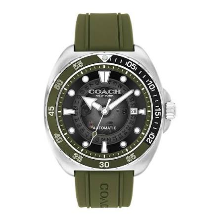 COACH Charter automatic watch with black dial, white indices, olive green strap, and stainless steel case