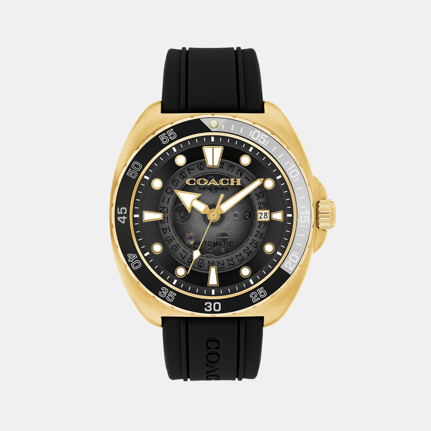 Coach Charter automatic men's watch with gold-tone case, black dial, and black silicone strap