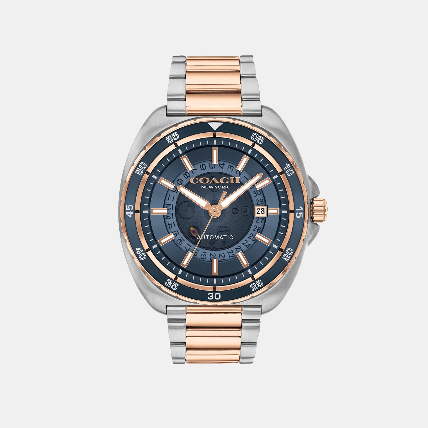 Coach Charter automatic men's watch with blue tonneau dial and two-tone bracelet