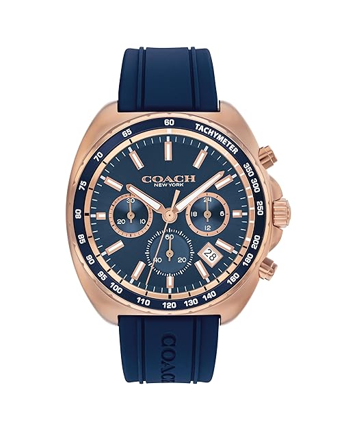 Coach Charter men's chronograph watch with rose gold case, blue dial, and navy strap
