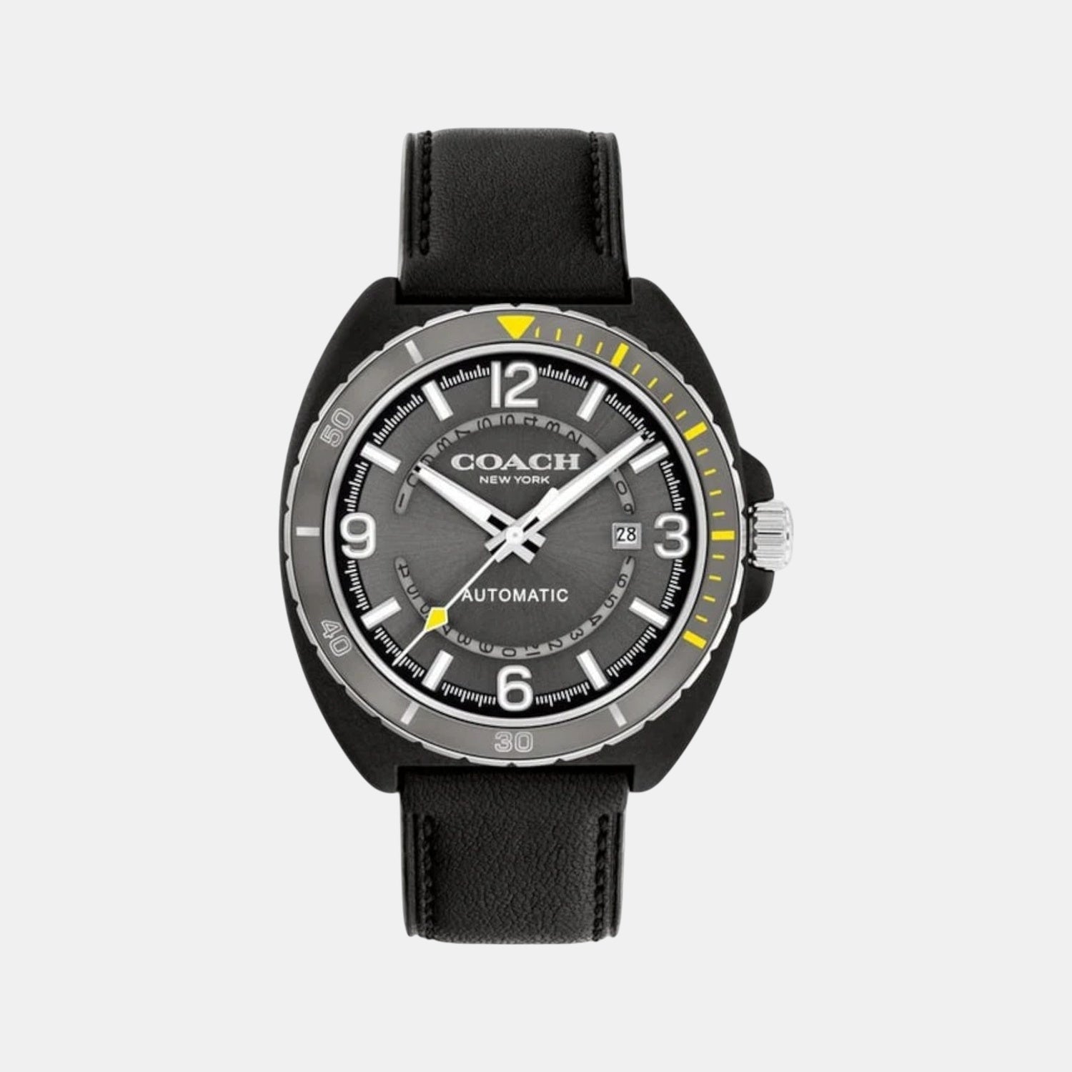 Coach Charter automatic watch with grey dial, white numerals, yellow accents, and black leather strap