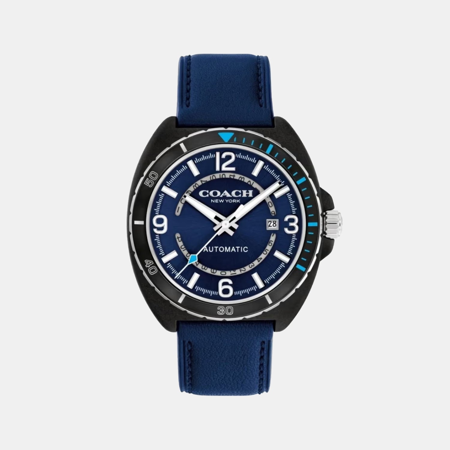 Coach Charter automatic men's watch with blue dial, black case, and blue leather strap