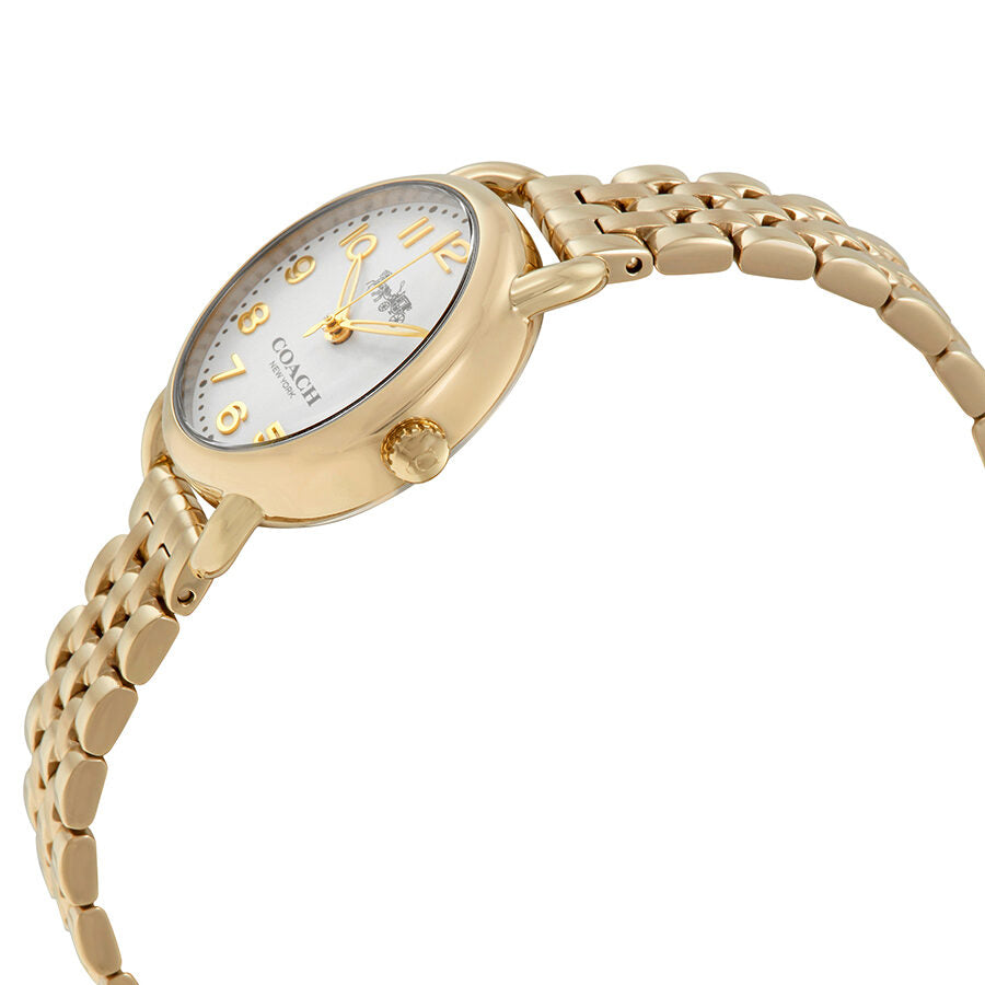 Coach Delancey gold-tone ladies watch shown at angle with bracelet strap