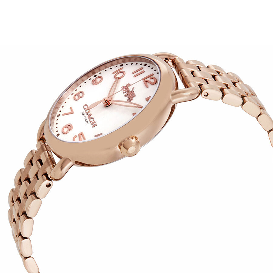 Coach Delancey ladies watch angled view showing rose dial and rose gold bracelet
