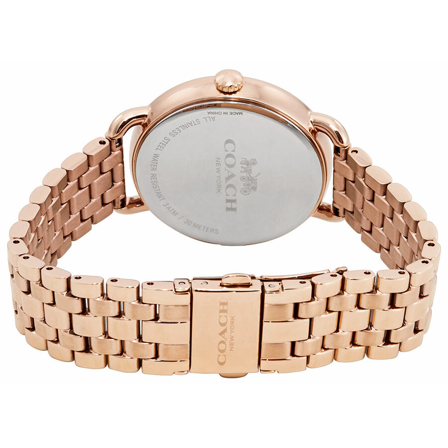 Coach Delancey ladies watch caseback showing rose gold-plated stainless steel with bracelet