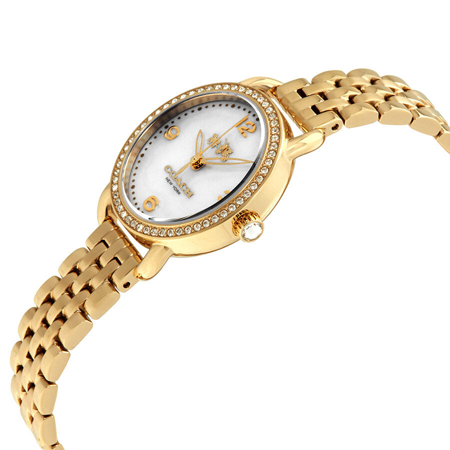 Coach Delancey watch angled view showing gold bracelet and mother of pearl face
