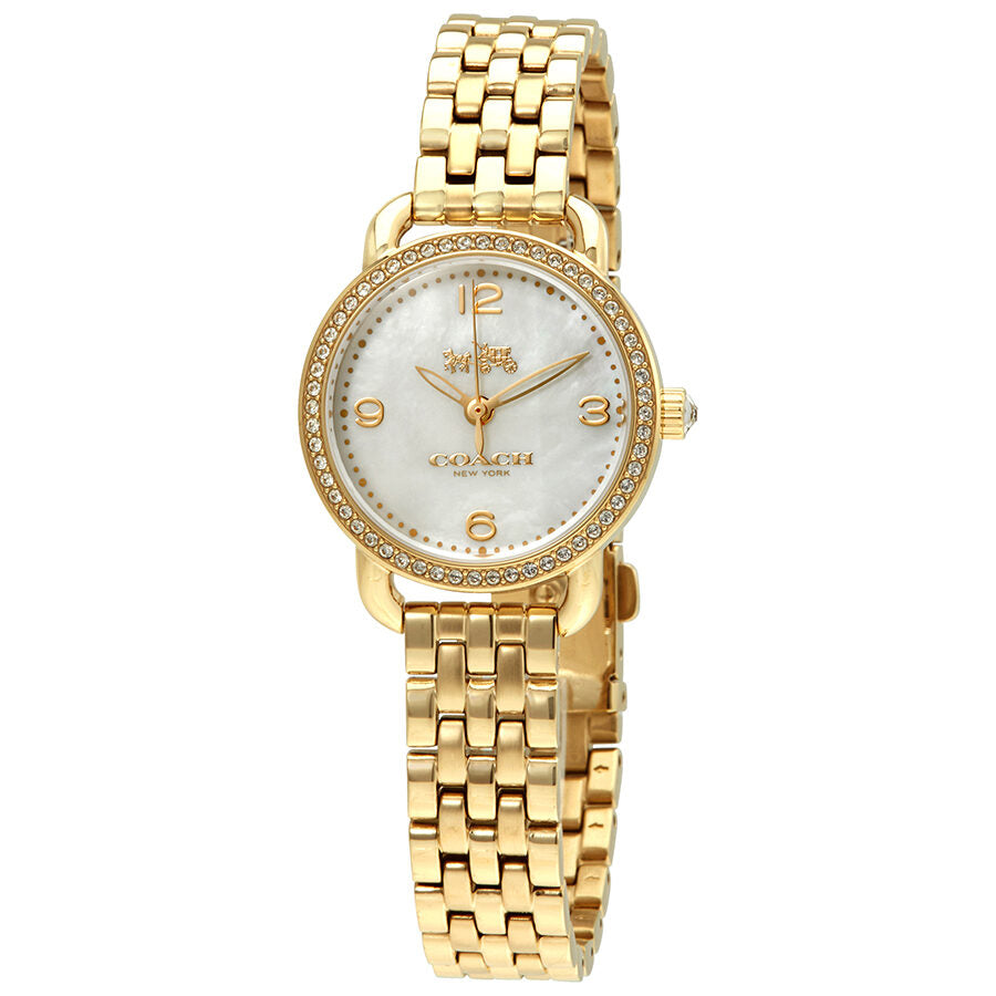Coach Delancey gold tone watch with mother of pearl dial and diamond bezel
