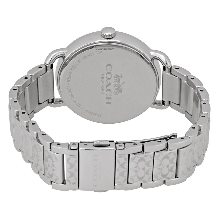 Coach Delancey watch caseback showing stainless steel with Coach branding and engravings