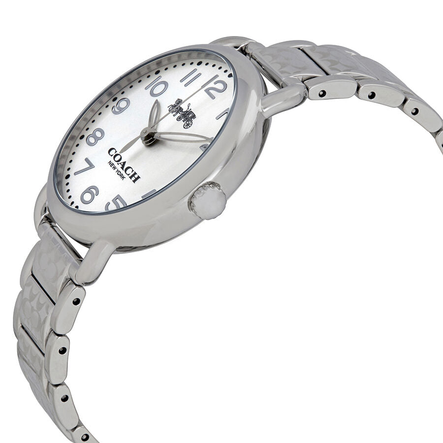 Coach Delancey watch shown at angle displaying silver stainless steel case and bracelet