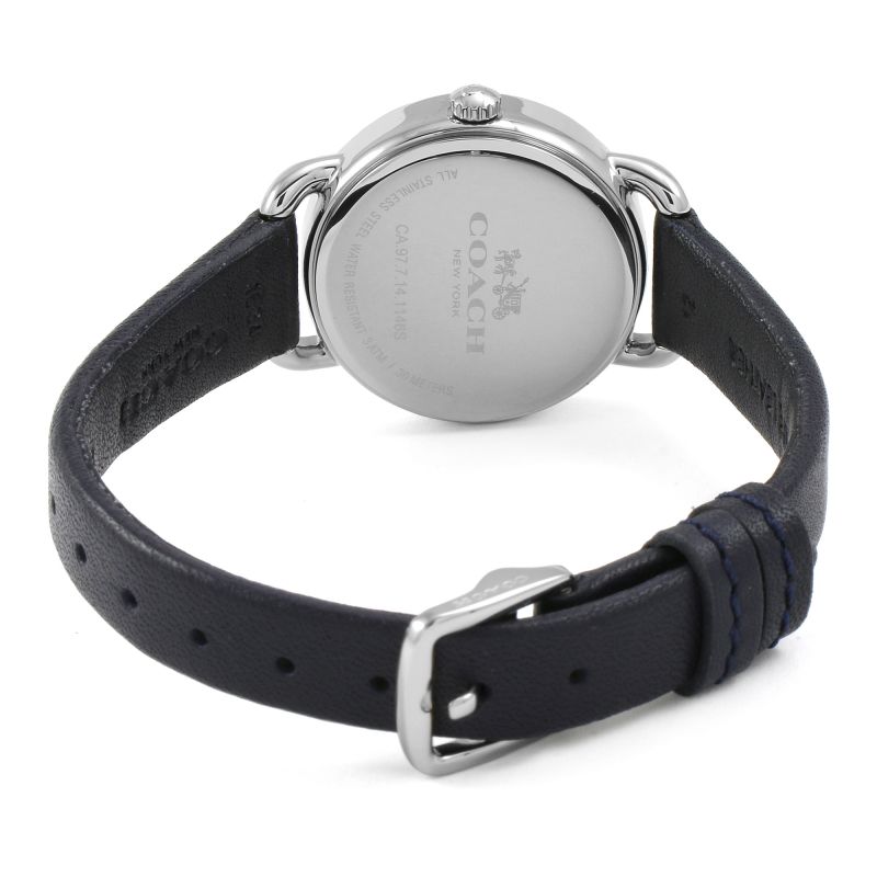 Coach Delancey watch caseback with Coach logo and dark leather strap detail