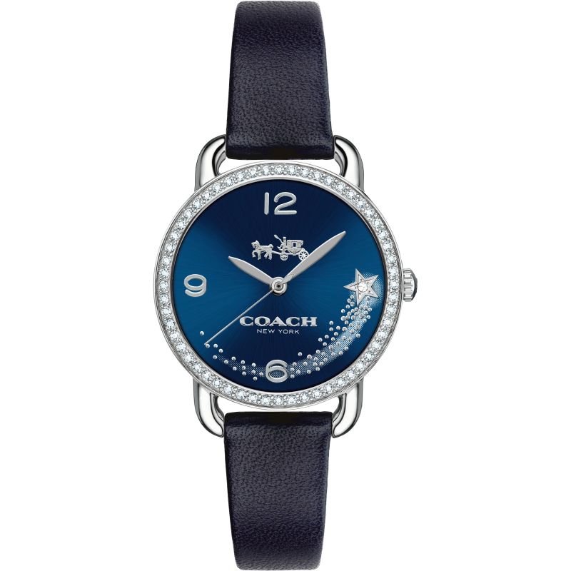 Coach Delancey women's watch with navy blue dial, crystal bezel, and black leather strap