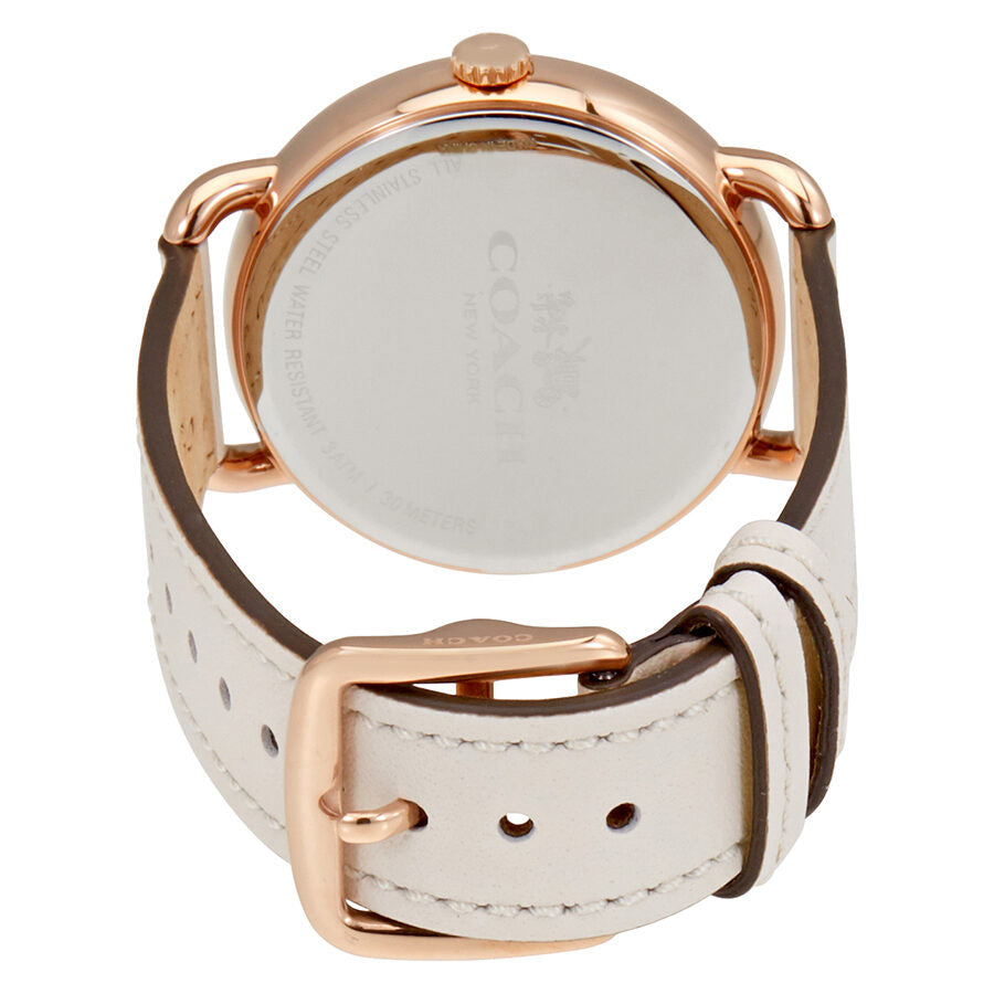 Coach Delancey watch caseback with rose gold case and white leather strap detail