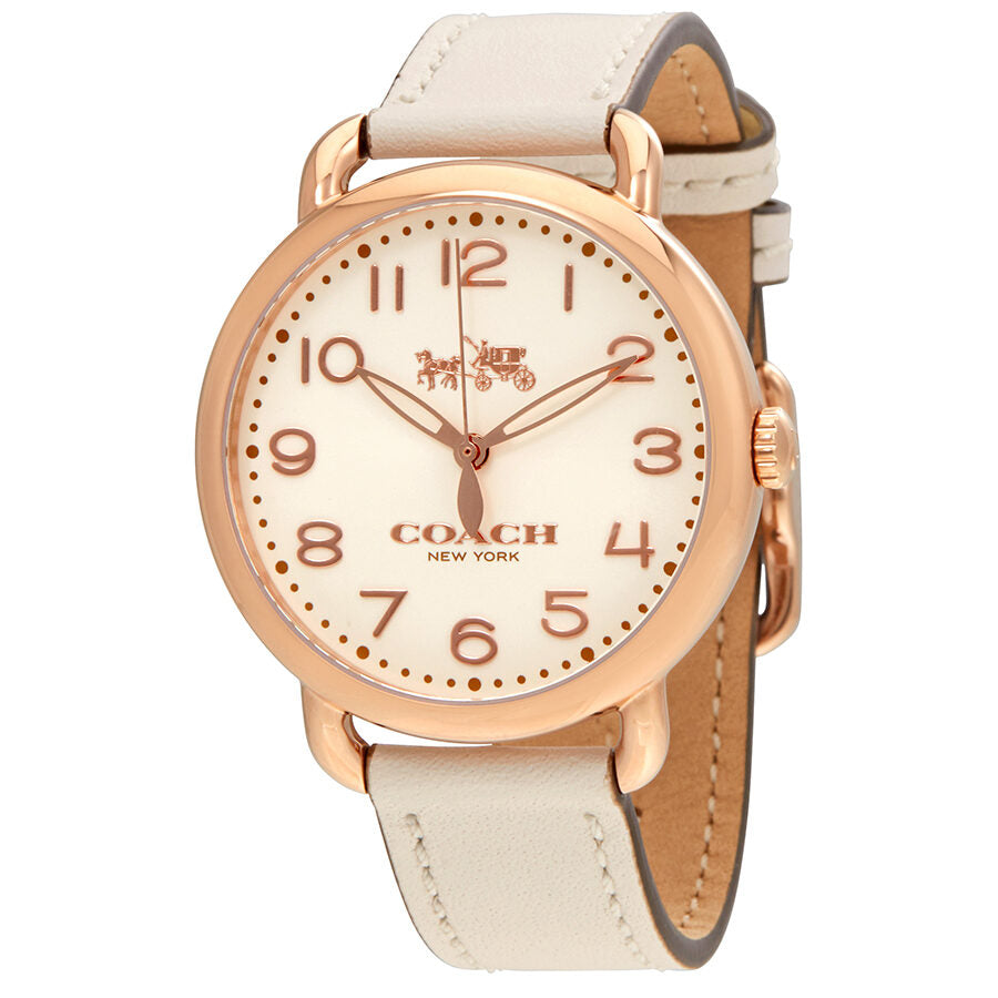 Coach Delancey white dial watch with rose gold case and white leather strap