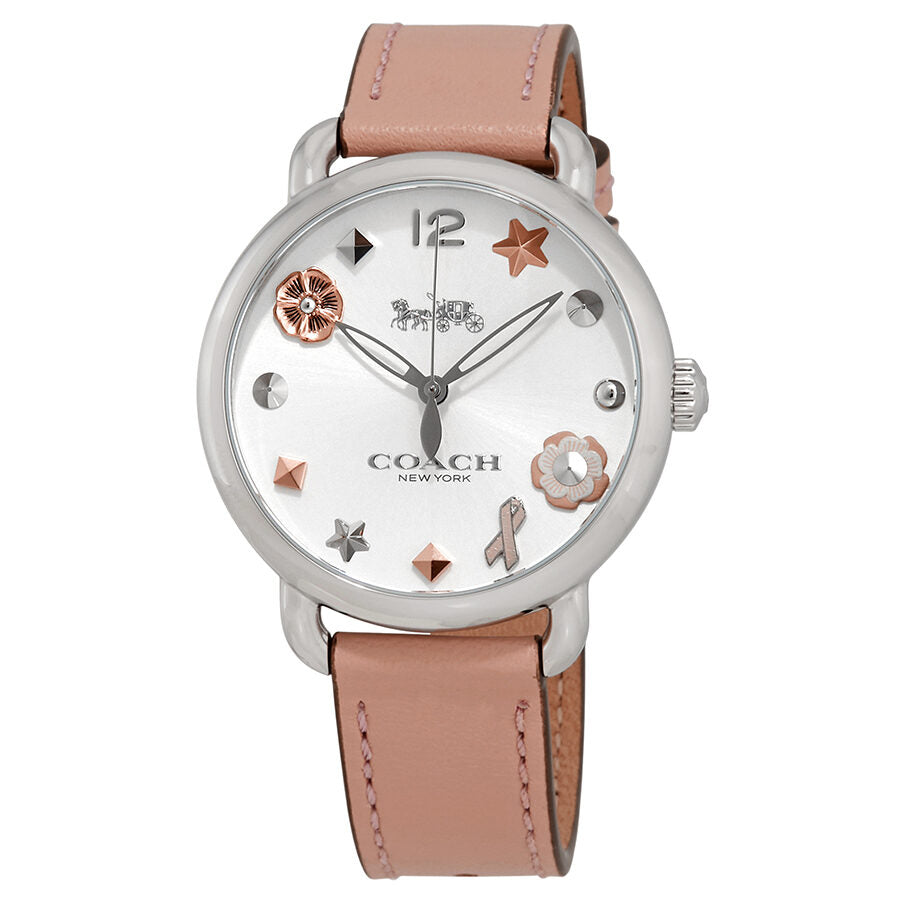 Coach Delancey ladies watch with silver dial, decorative charms, and tan leather strap