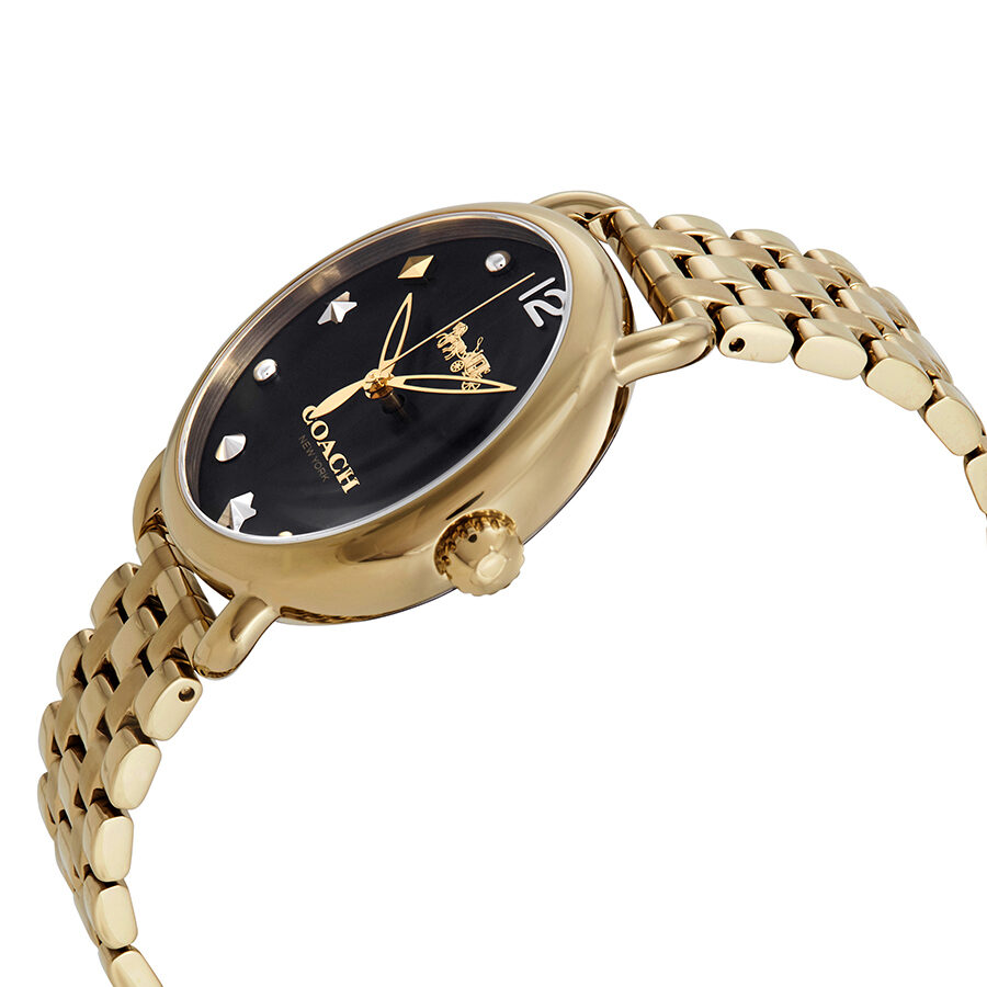 Side angled view of Coach Delancey yellow gold-tone watch with black dial