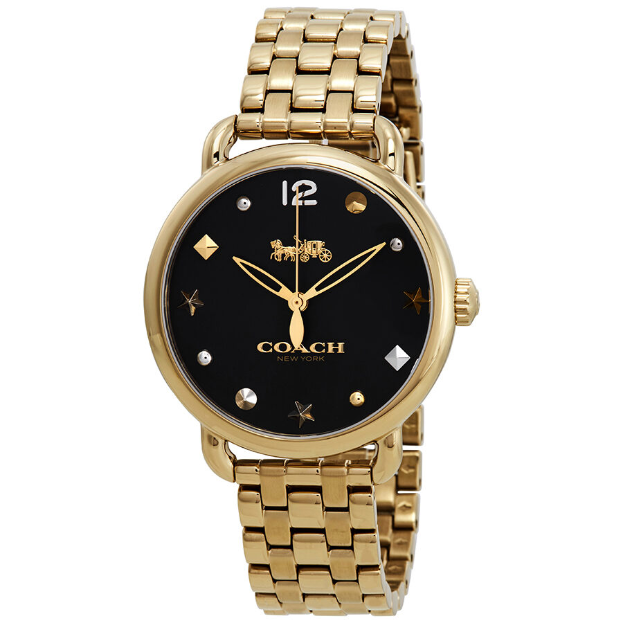 Coach Delancey black dial watch with yellow gold-tone case and bracelet