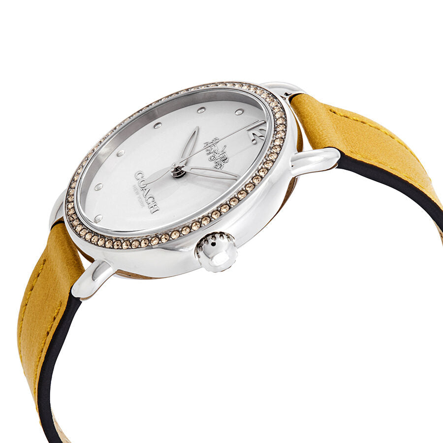 Side angle view of Coach Delancey watch showing yellow and black leather strap and white dial