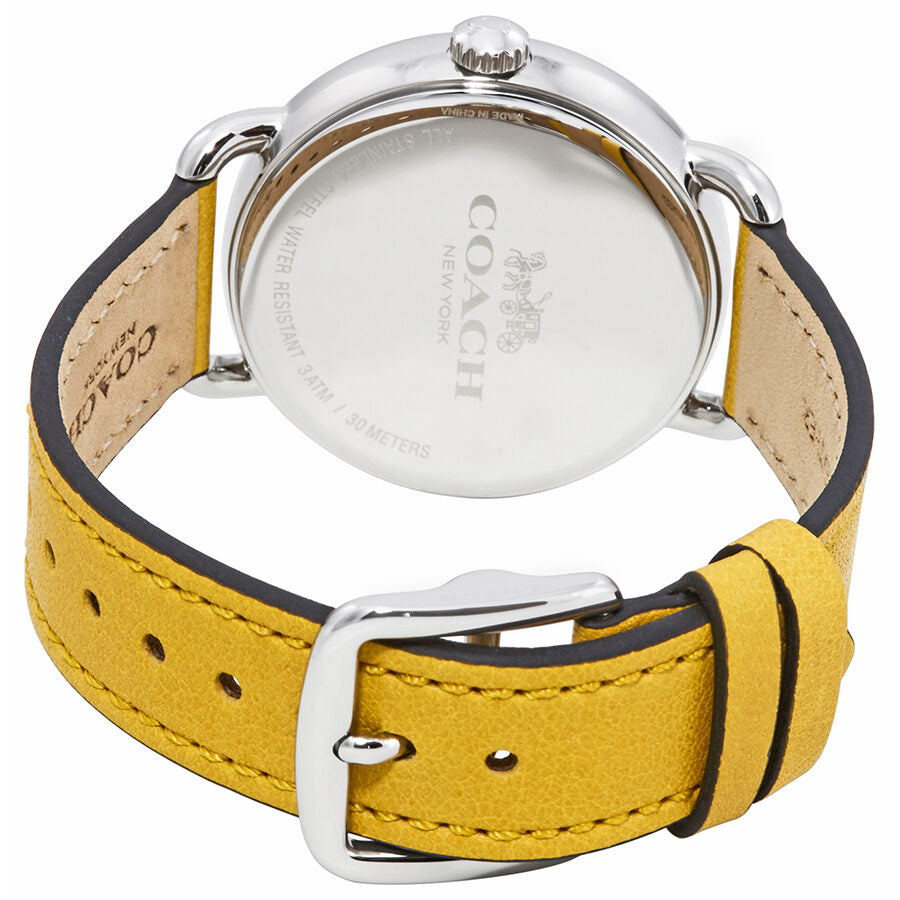 Coach Delancey watch caseback with yellow leather strap and buckle closure detail