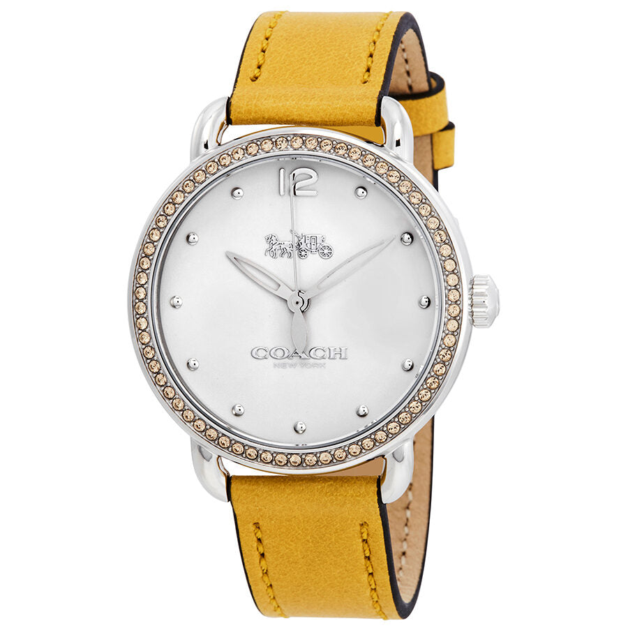 Coach Delancey ladies watch with white crystal dial, crystal bezel, and yellow leather strap