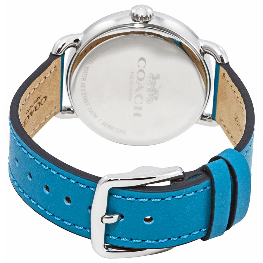 Coach Delancey watch caseback with blue and navy leather strap details