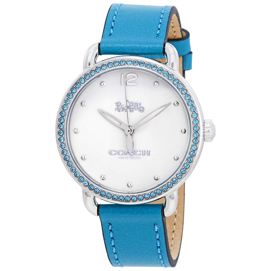 Coach Delancey white dial ladies watch with crystal bezel and blue leather strap