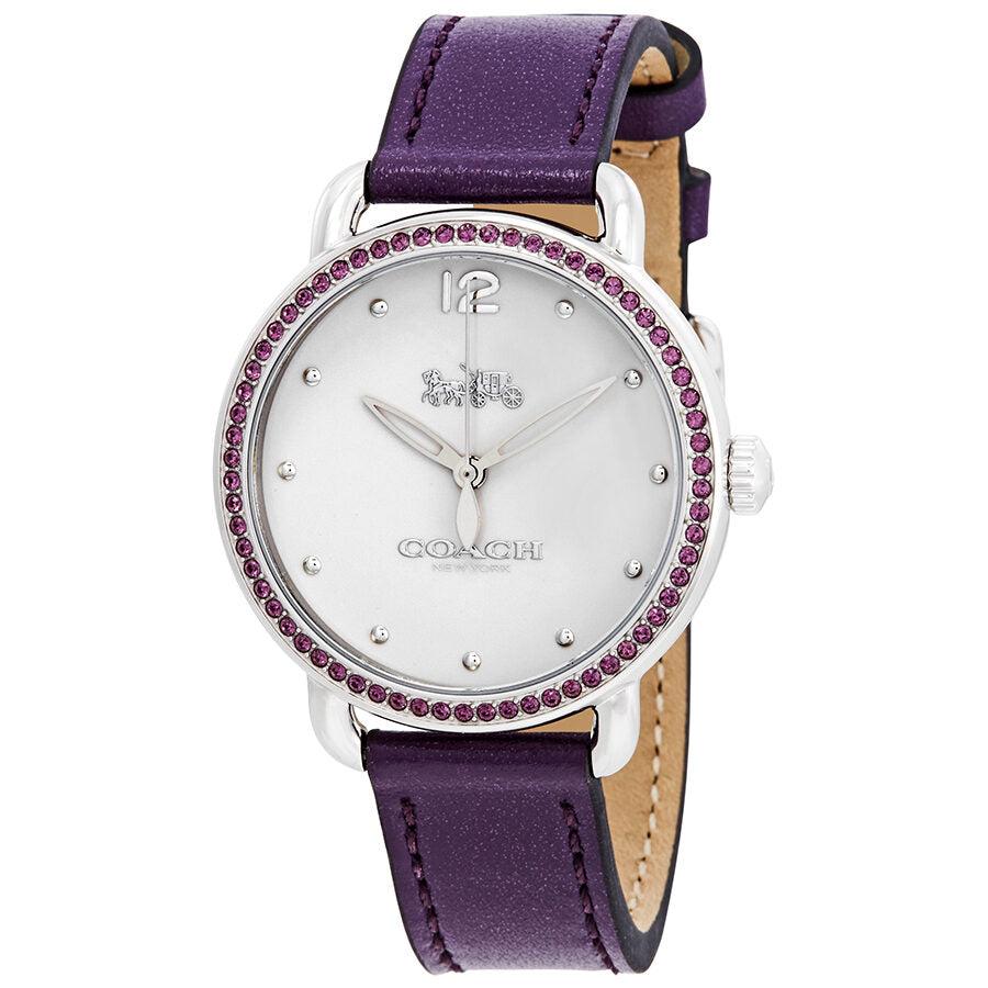 Coach Delancey watch with white dial, purple jeweled bezel, and purple leather strap
