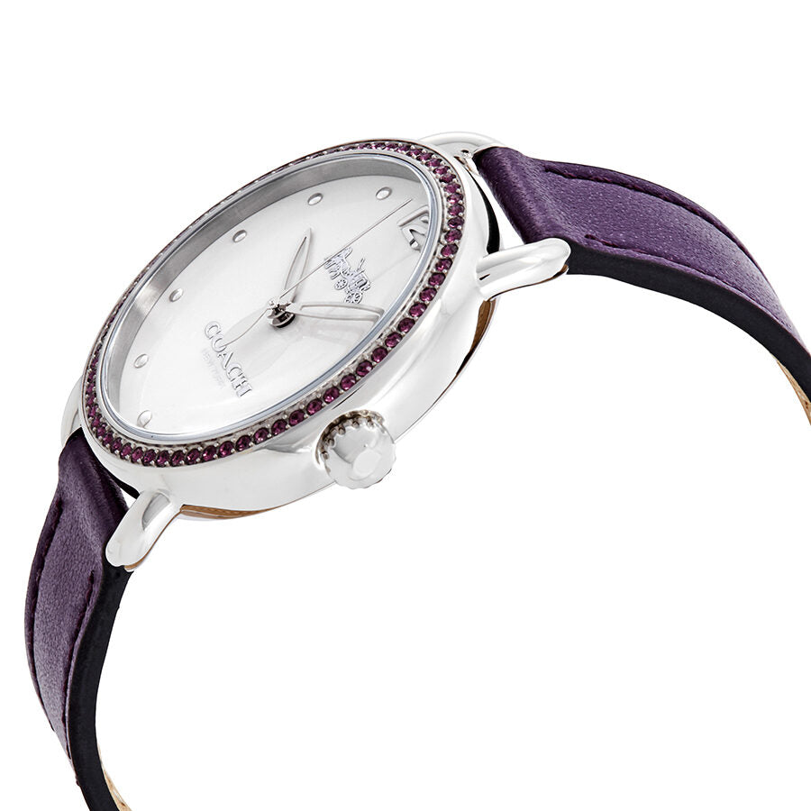 Side view of Coach Delancey watch showing purple leather strap and purple bezel detail