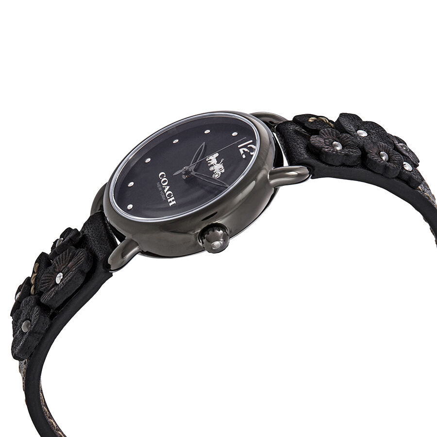 Coach Delancey watch angled side view showing black dial and embroidered strap