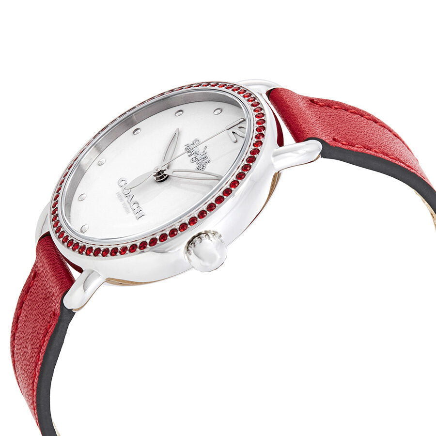 Side view of Coach Delancey watch showing white dial, crystal-set bezel, and burgundy leather strap