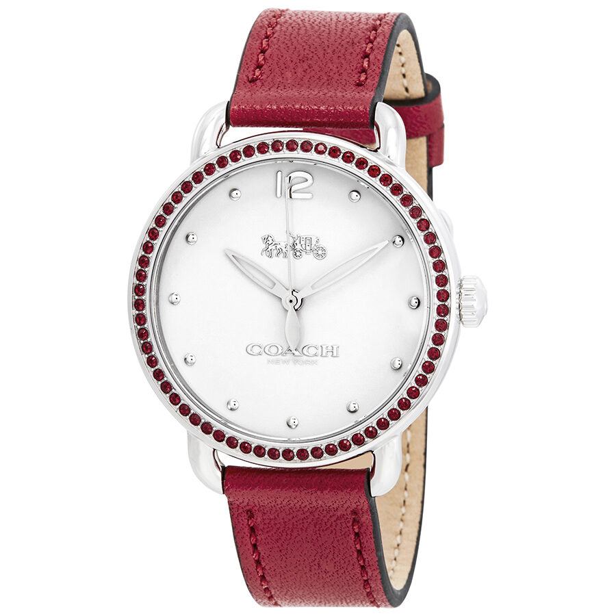 Coach Delancey ladies watch with white dial, ruby crystal bezel, white case, and burgundy leather strap