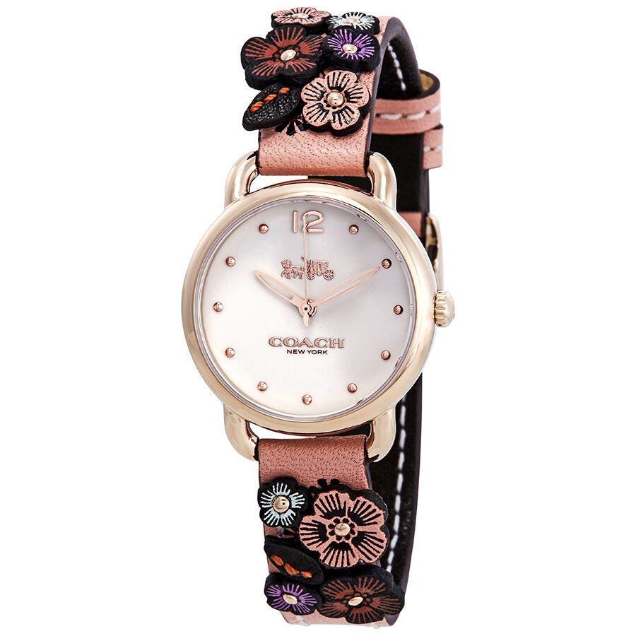 Coach Delancey gold dial ladies watch with embroidered floral strap and rose goldtone case