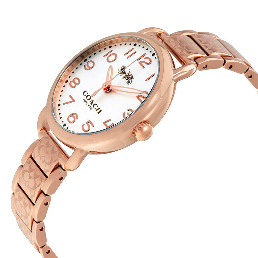 Coach Delancey watch angled side view showing silver dial and rose gold case with link bracelet